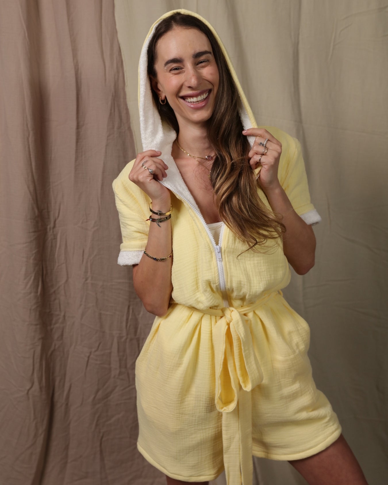 Women's 100% Cotton - Towel Lined - Hooded Jumpsuit - Butter Yellow