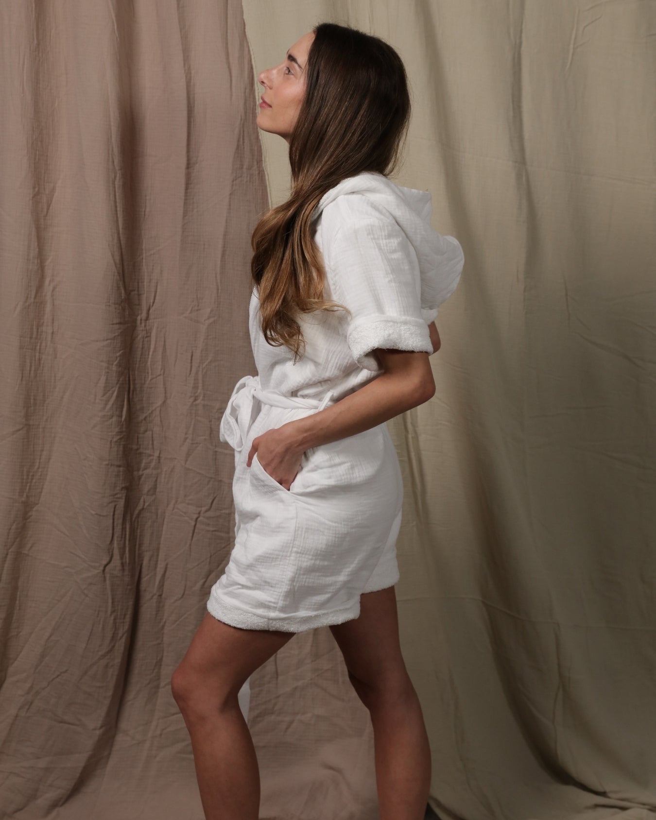 Women's 100% Cotton - Towel Lined - Hooded Jumpsuit - Crisp White