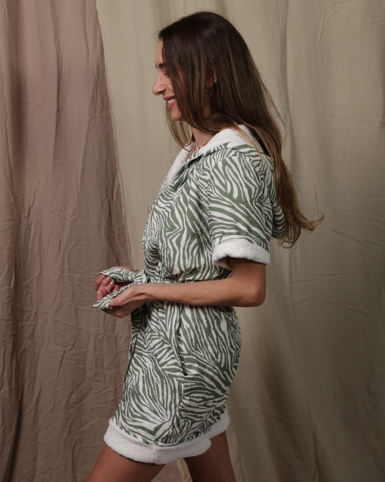 Women's 100% Cotton - Towel Lined - Hooded Jumpsuit - Wild Olive