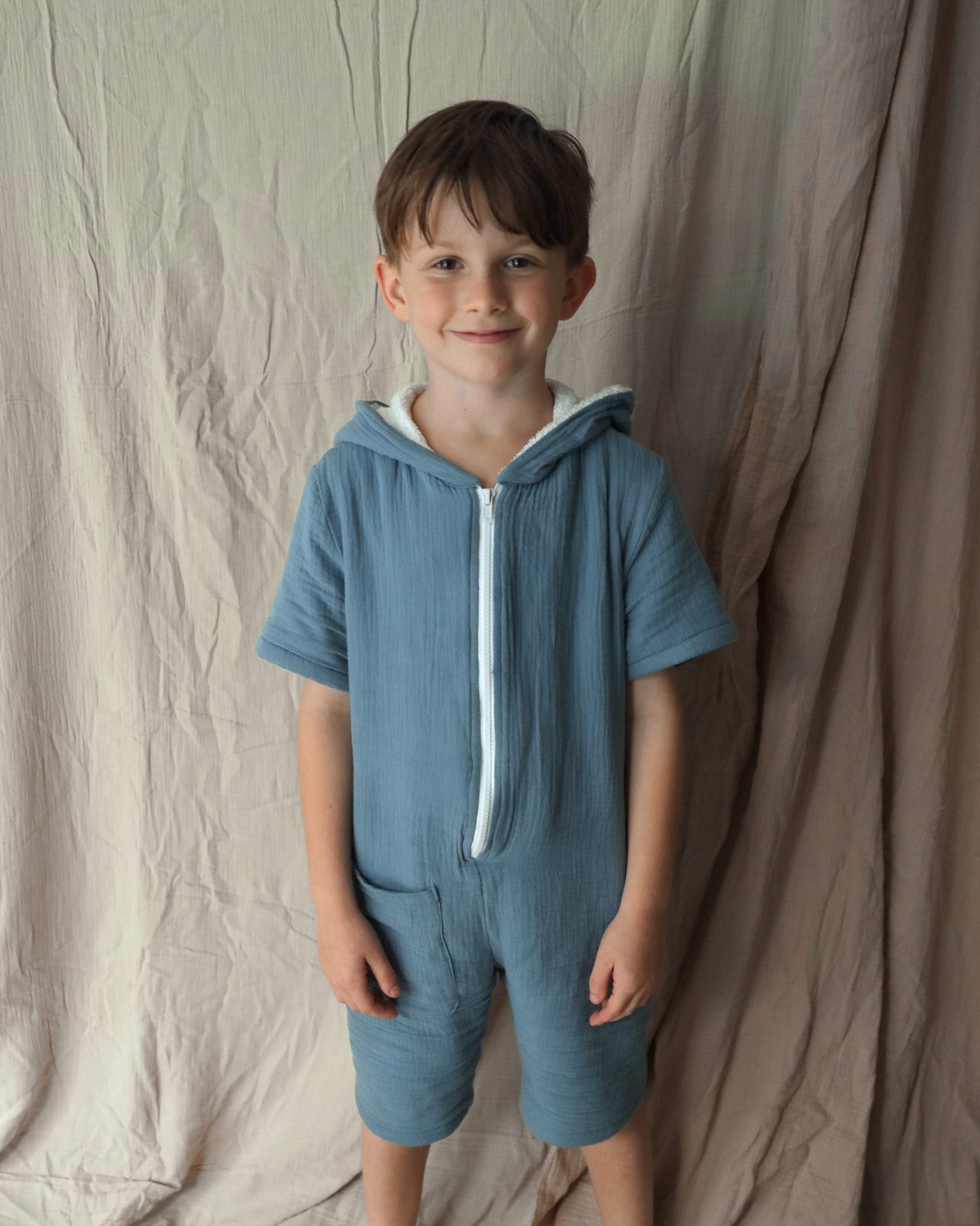 Kid's 100% Cotton - Towel Lined - Hooded Playsuit - Blue