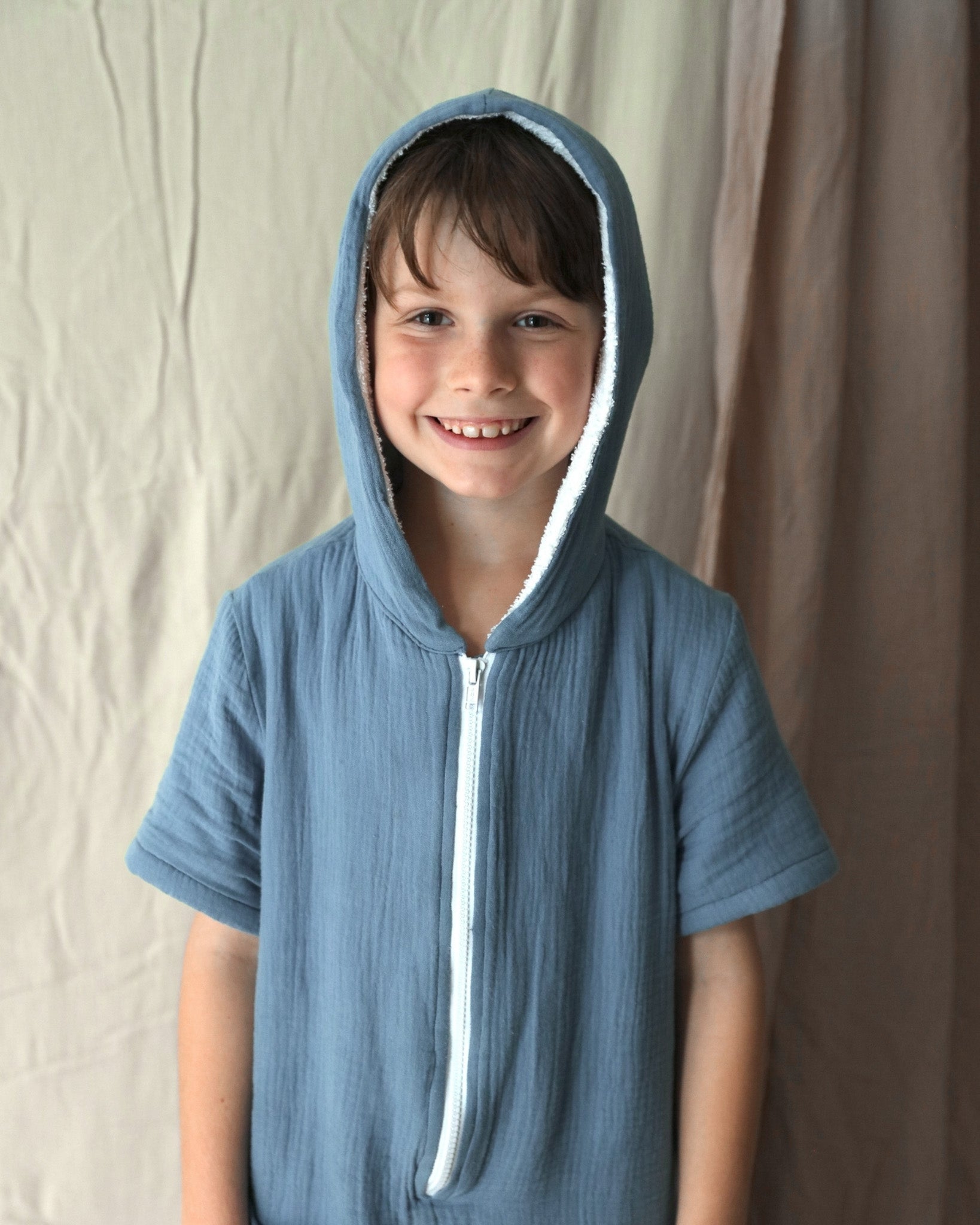 Kid's 100% Cotton - Towel Lined - Hooded Playsuit - Blue
