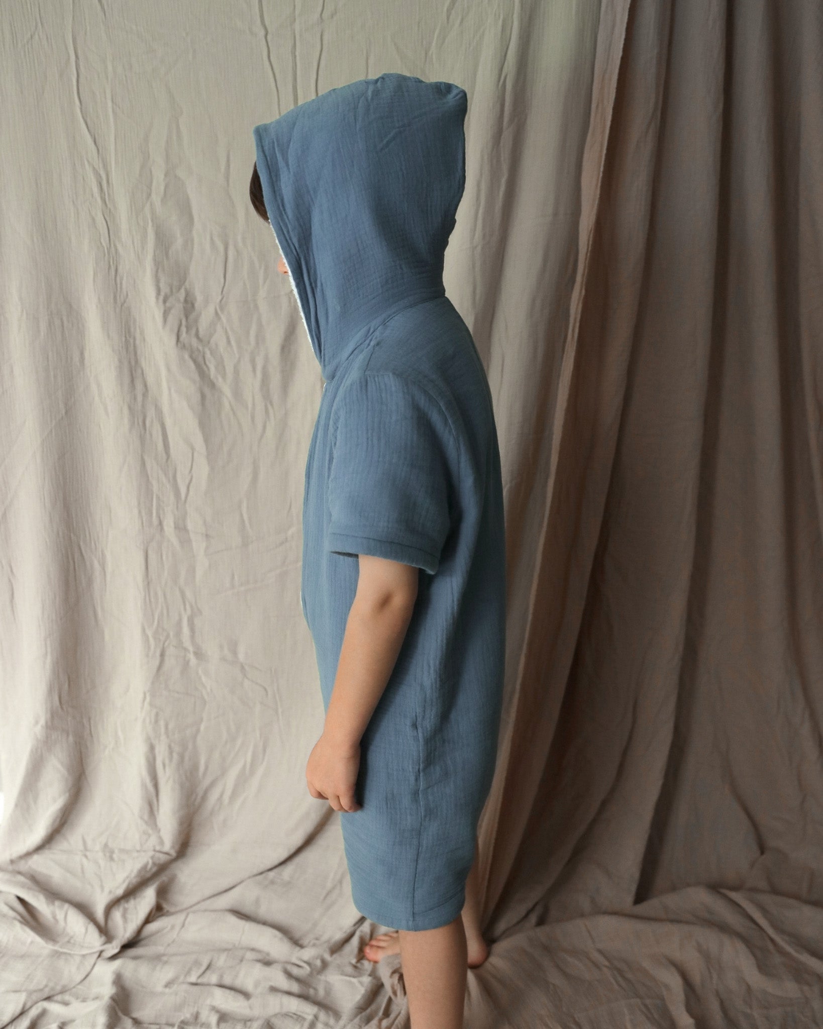 Kid's 100% Cotton - Towel Lined - Hooded Playsuit - Blue