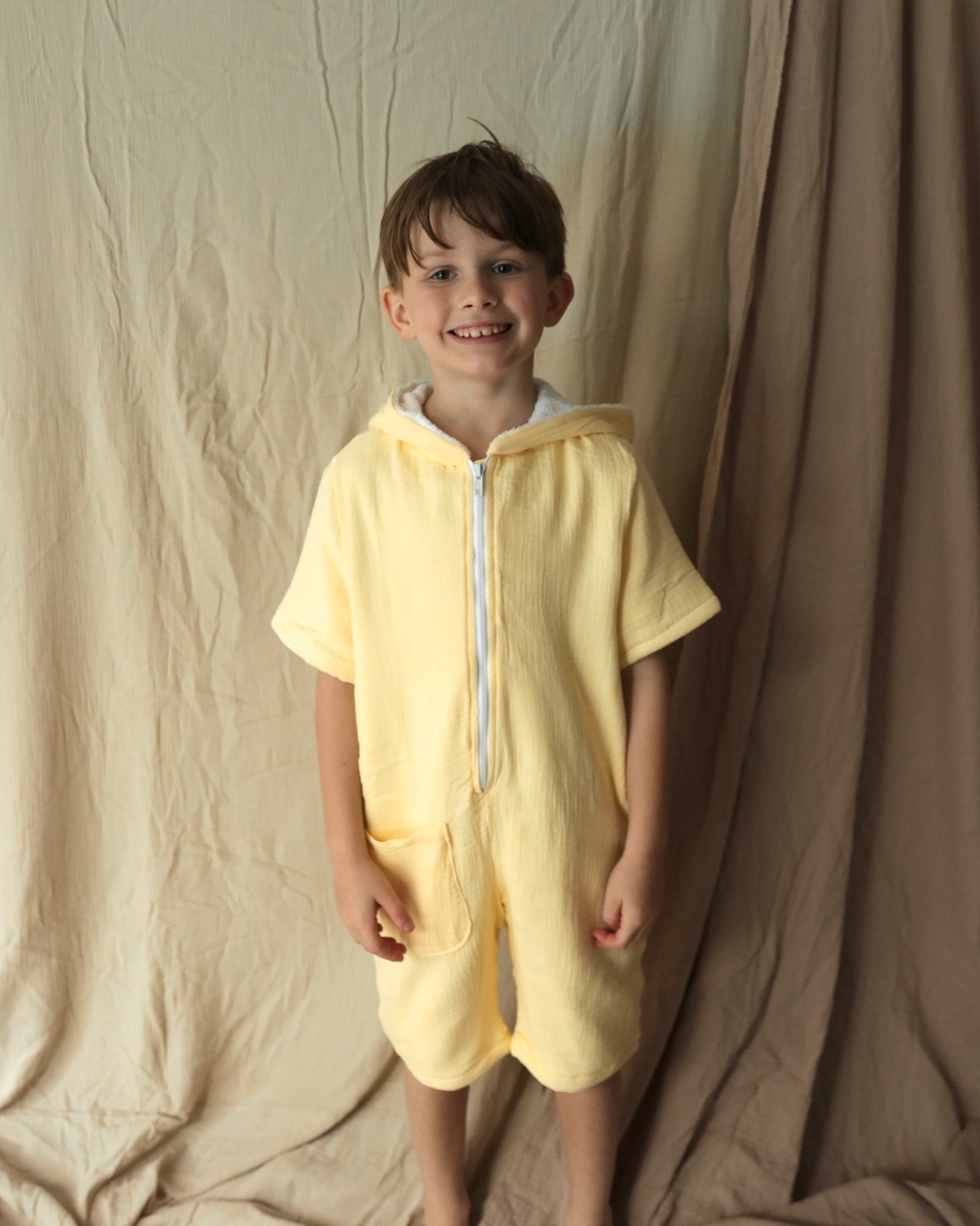 Kid's 100% Cotton - Towel Lined - Hooded Playsuit - Butter Yellow