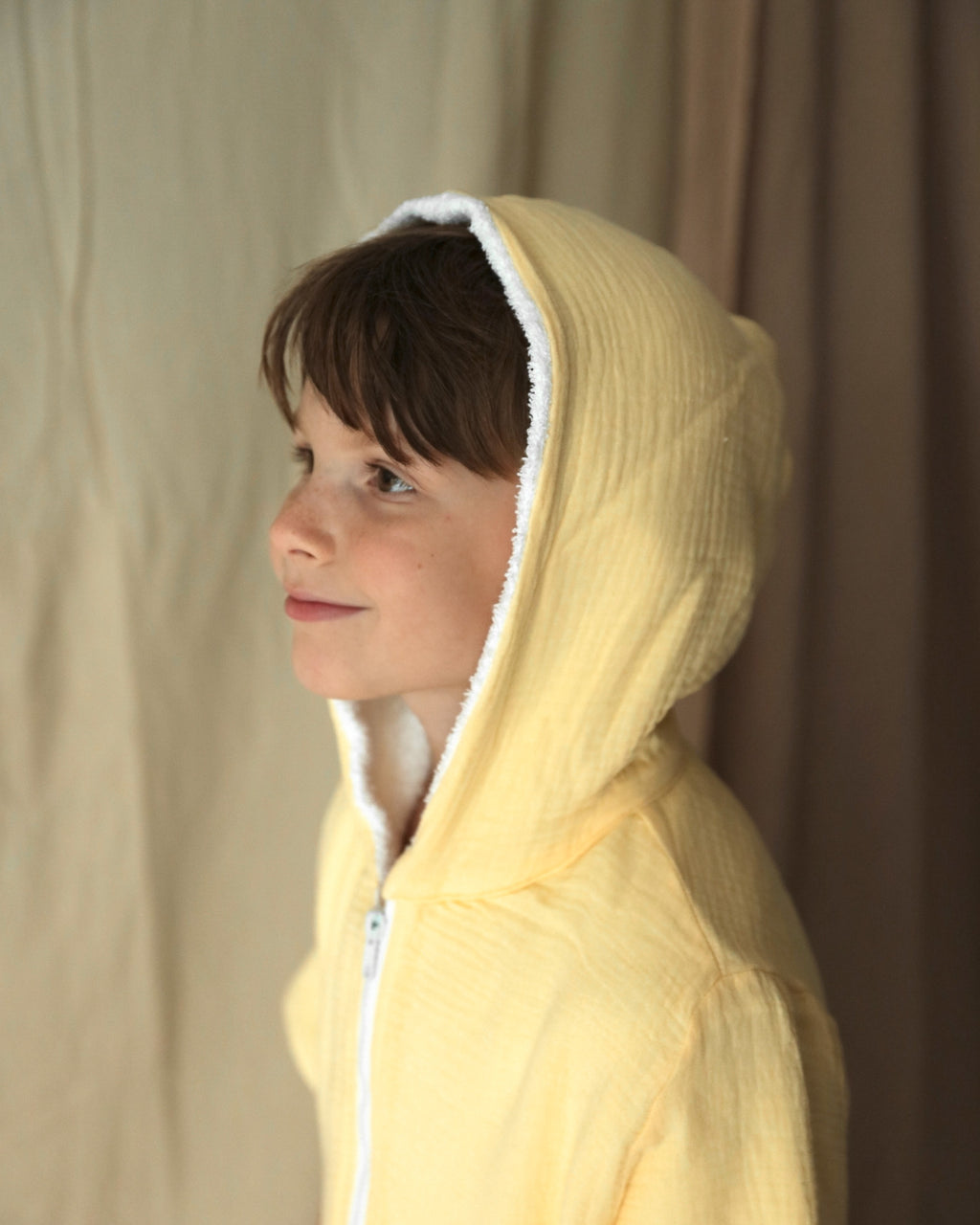 Kid's 100% Cotton - Towel Lined - Hooded Playsuit - Butter Yellow