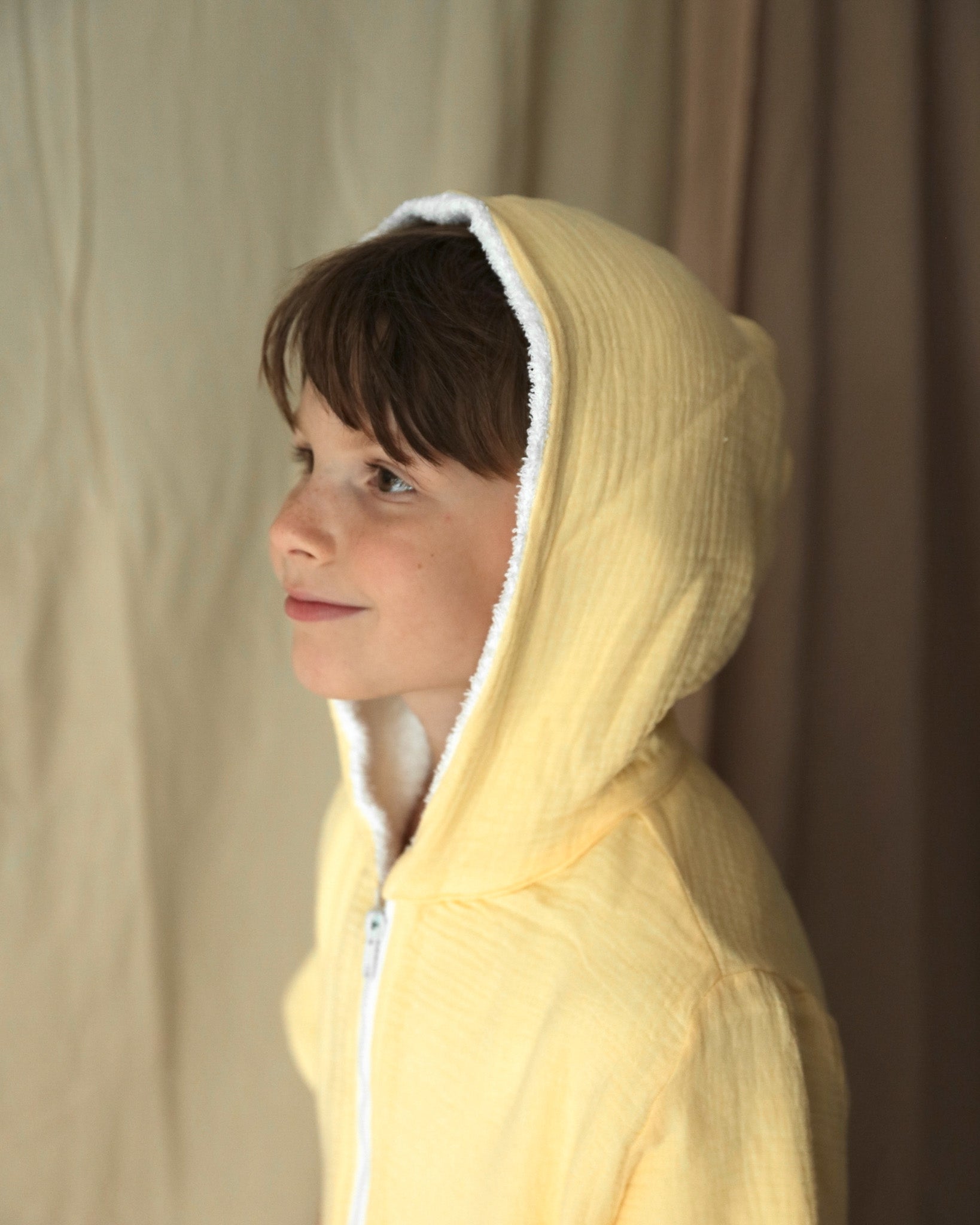 Kid's 100% Cotton - Towel Lined - Hooded Playsuit - Butter Yellow