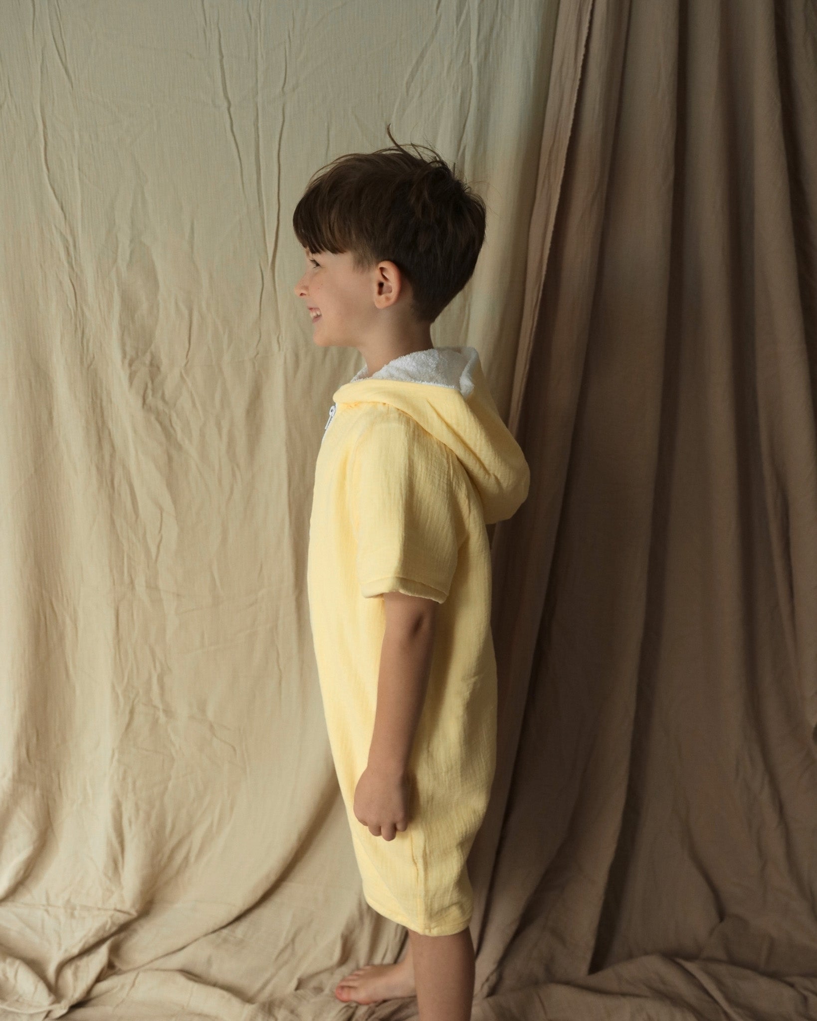 Kid's 100% Cotton - Towel Lined - Hooded Playsuit - Butter Yellow