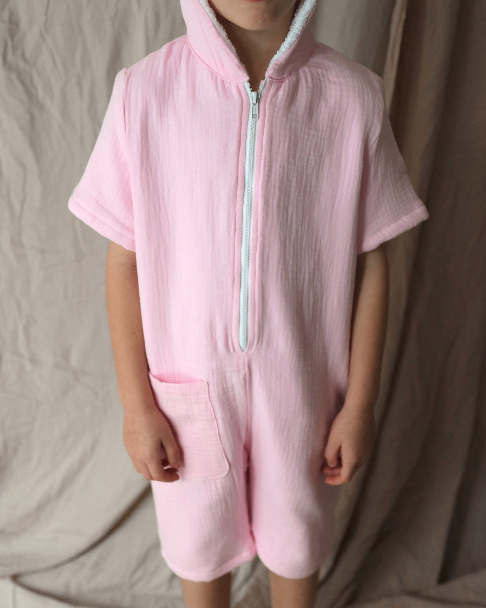 Kid's 100% Cotton - Towel Lined - Hooded Playsuit - Cotton Candy Pink
