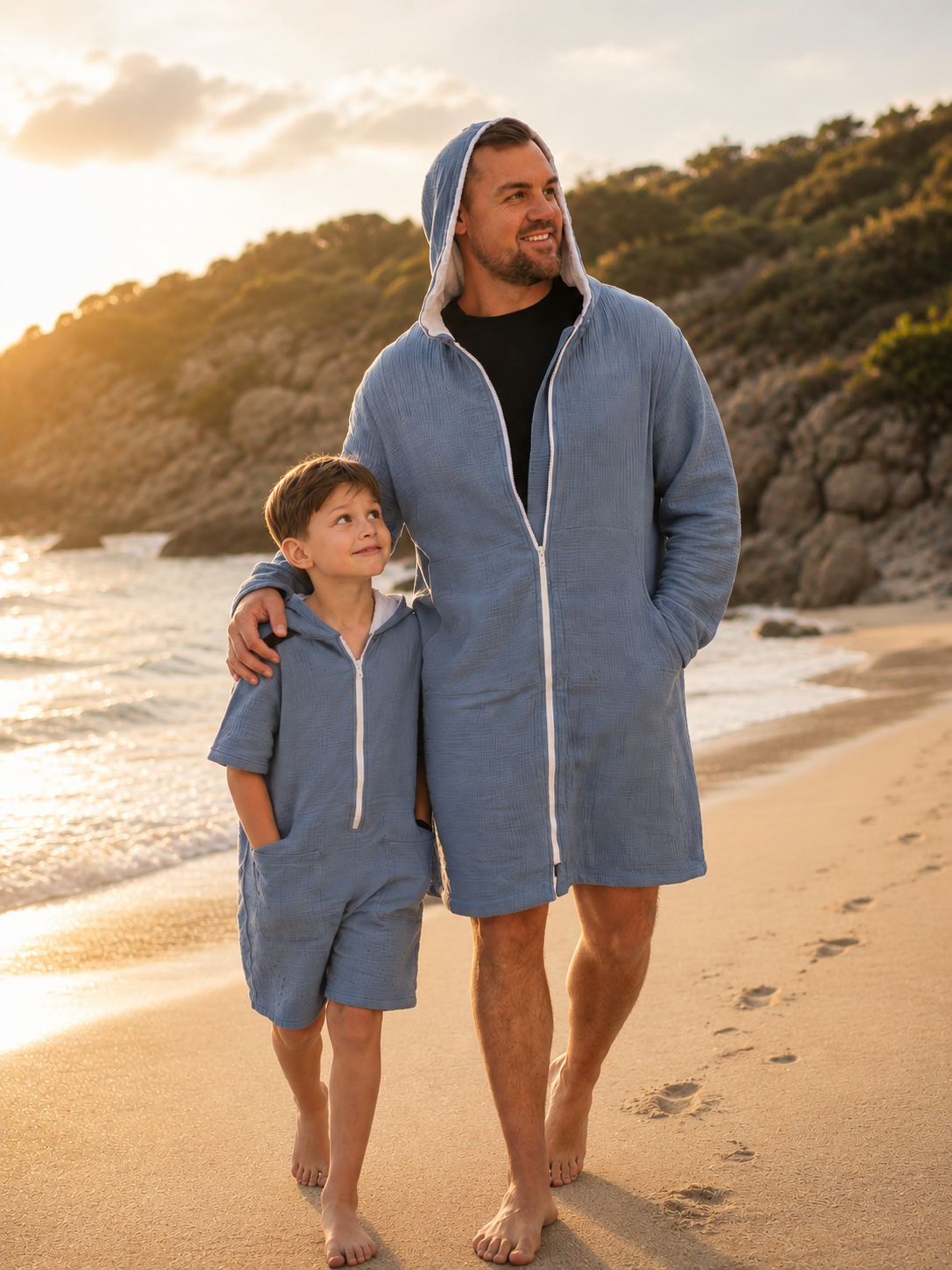 Kid's 100% Cotton - Towel Lined - Hooded Playsuit - Blue
