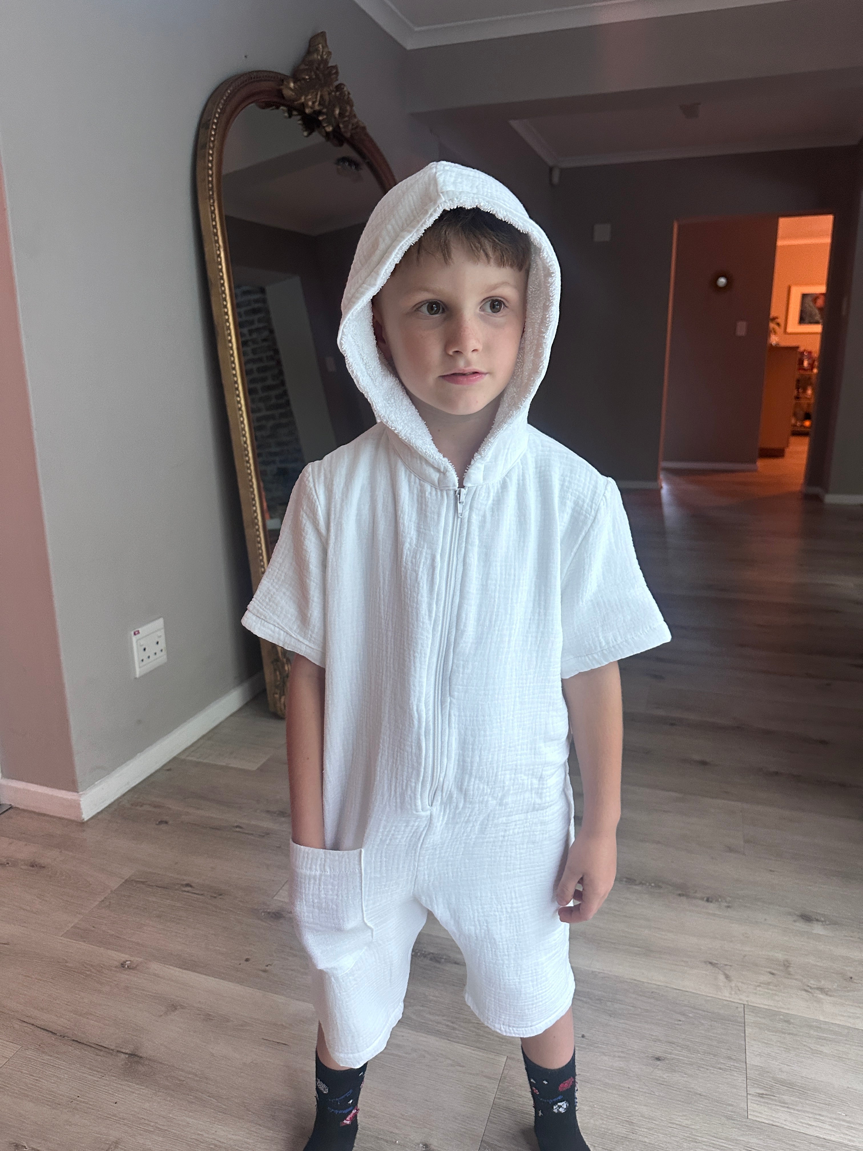 Kid's 100% Cotton - Towel Lined - Hooded Jumpsuit - White
