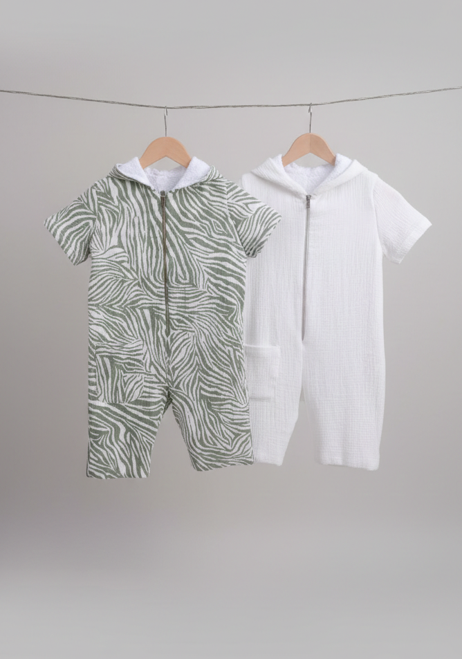 Kid's 100% Cotton - Towel Lined - Hooded Jumpsuit - White