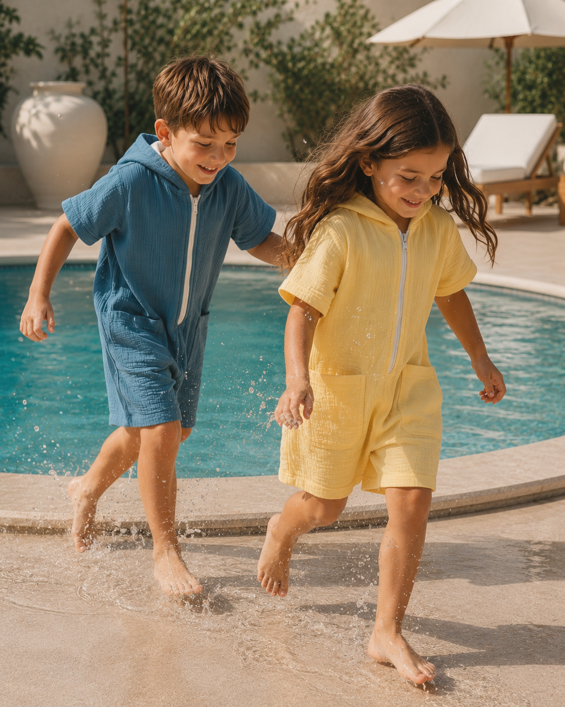 Kid's 100% Cotton - Towel Lined - Hooded Playsuit - Butter Yellow